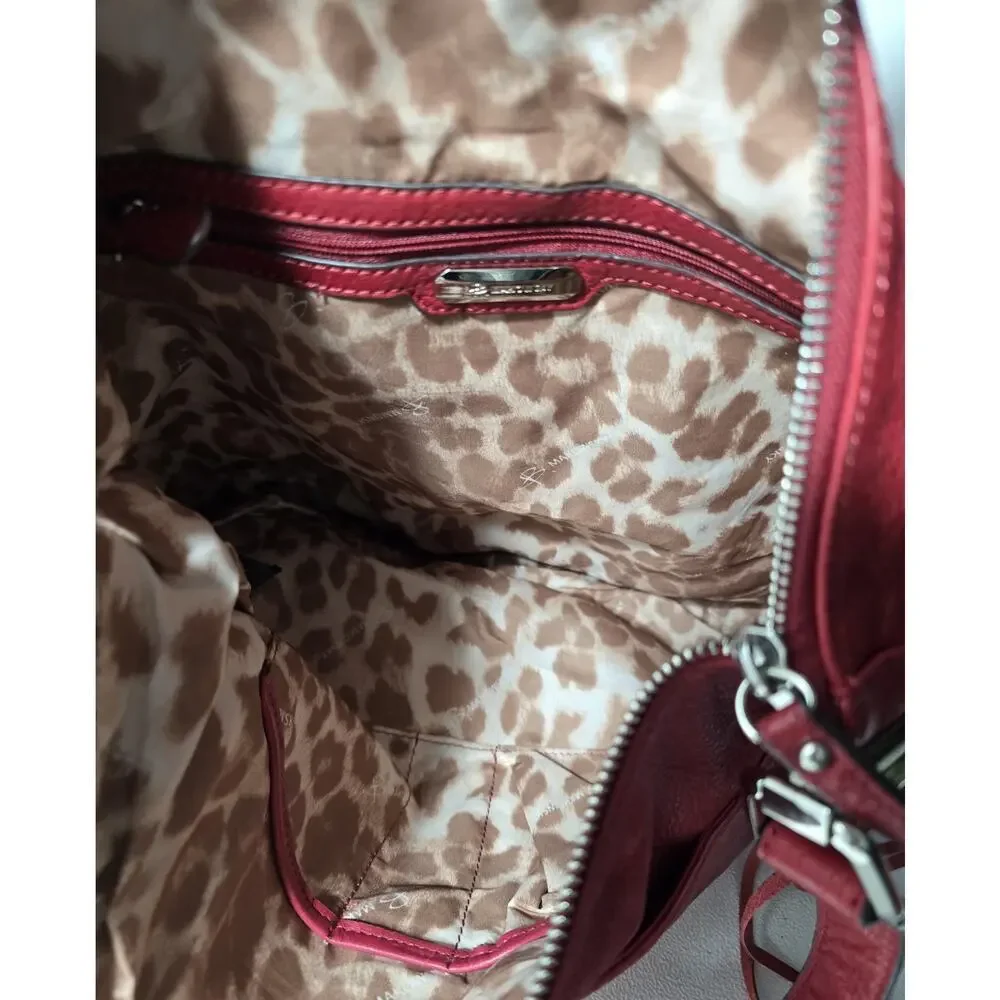 B. Makowsky Red Hobo Handbag Fringe Genuine Leather Pebbled Large